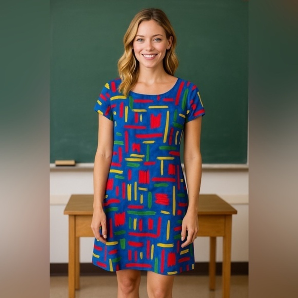 VTG Jessica Howard Women's Primary Colors Print Knee Length Dress 12 NWT #871